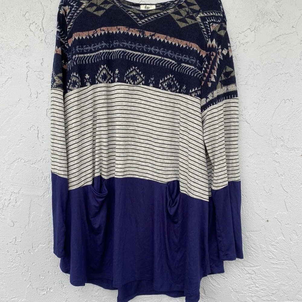 EGY Blue Gray Striped Color Block Women Sweater 3/4 Sleeve 2 Front Pocket Sz 1XL